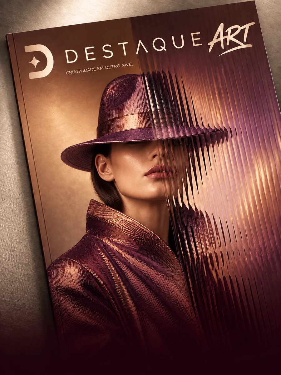 Revista DestaqueArt em tons de cobre e coral, com retrato de moda através de vidro canelado.