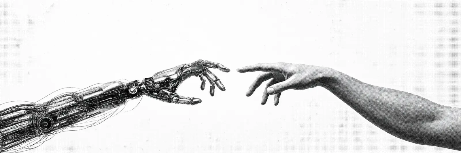 M&atilde;o tecnol&oacute;gica e m&atilde;o humana representando cria&ccedil;&atilde;o assistida por intelig&ecirc;ncia artificial